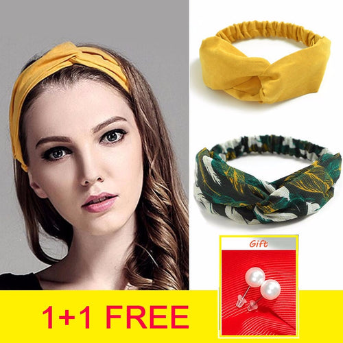 1+1 Free earring Woman Knotted Turban Hair Accessories for Girls Turban Elastic Hairband Head Wrap Striped  Hair Scrunchies W276